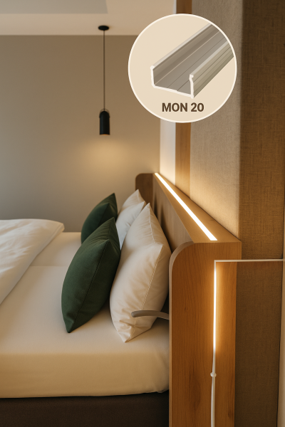 LED-Profil MON-20 zur Beleuchtung von Betten und Nachttischen im Hotelzimmer